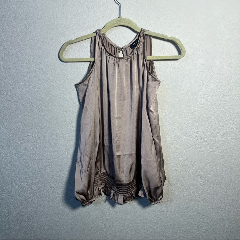 1. State Champagne Satin Cold Shoulder Blouse